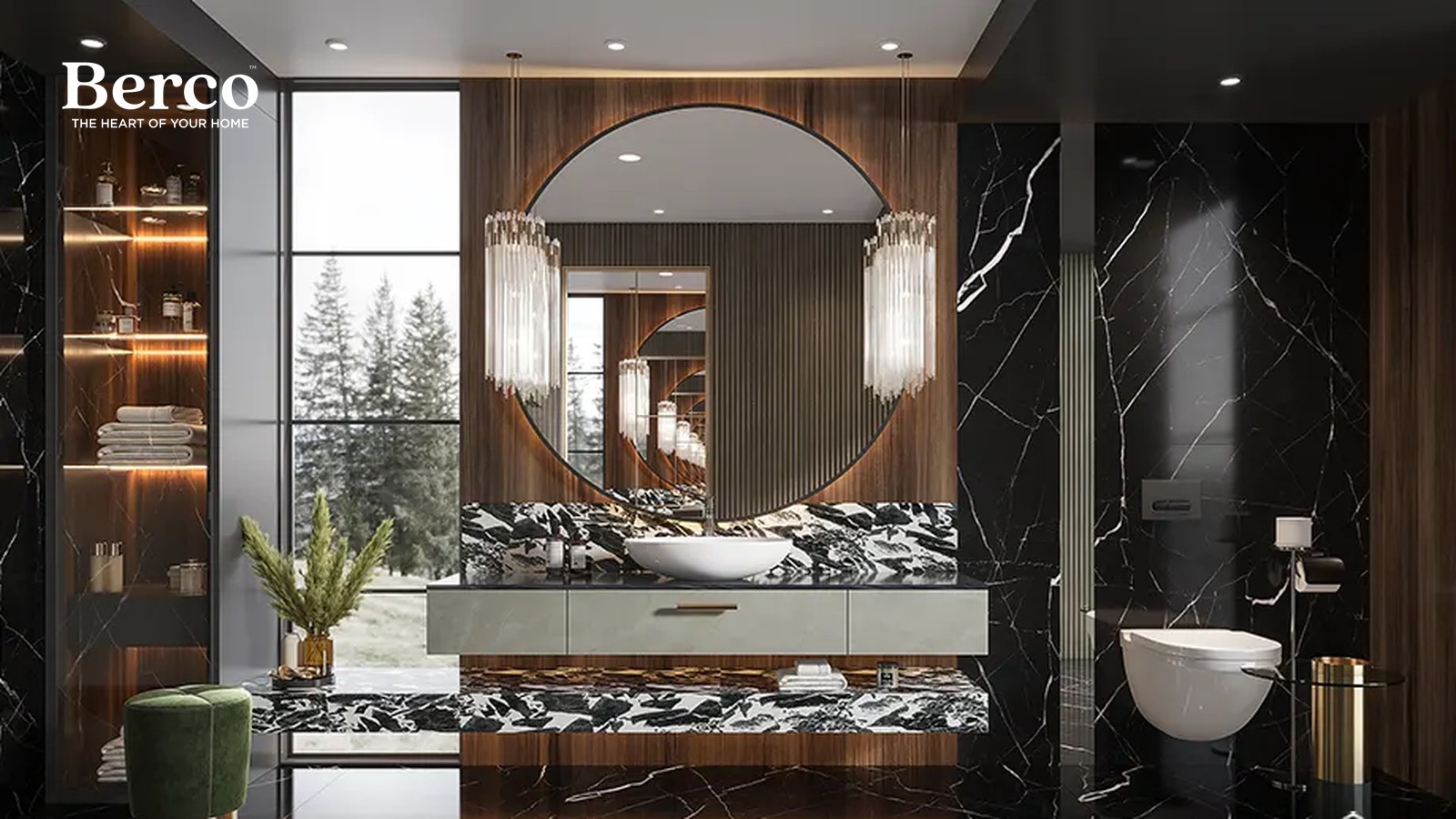 Dramatic bathroom with a wood and dark-marble vanity, round backlit mirror and a freestanding tub — Berco design reference