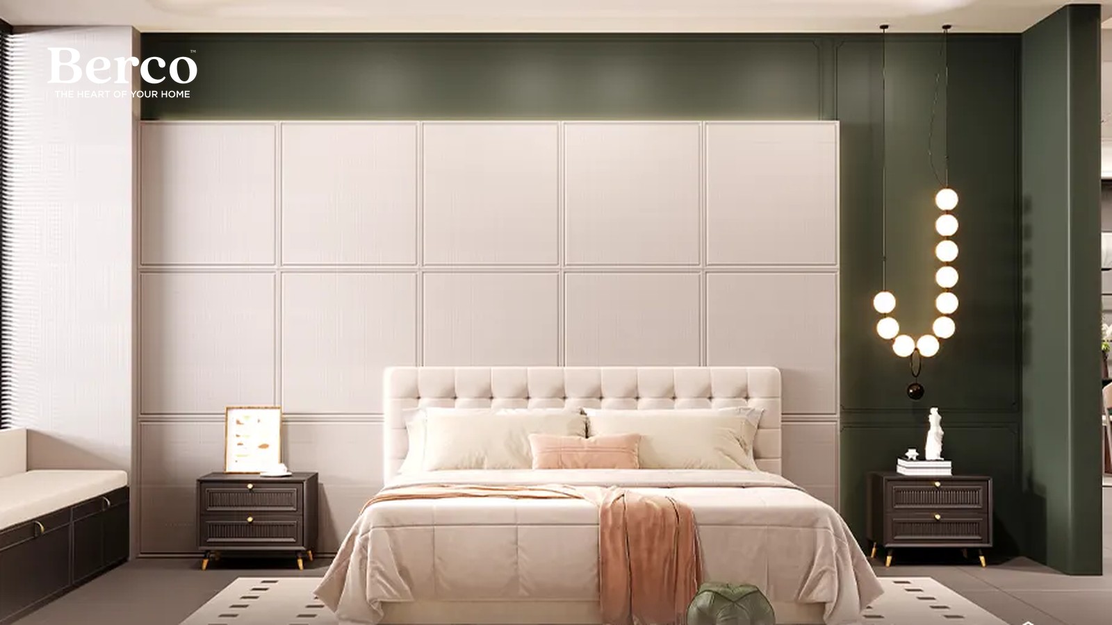 Tailored bedroom with a panelled feature wall, upholstered bed and fitted bedside storage — Berco design reference