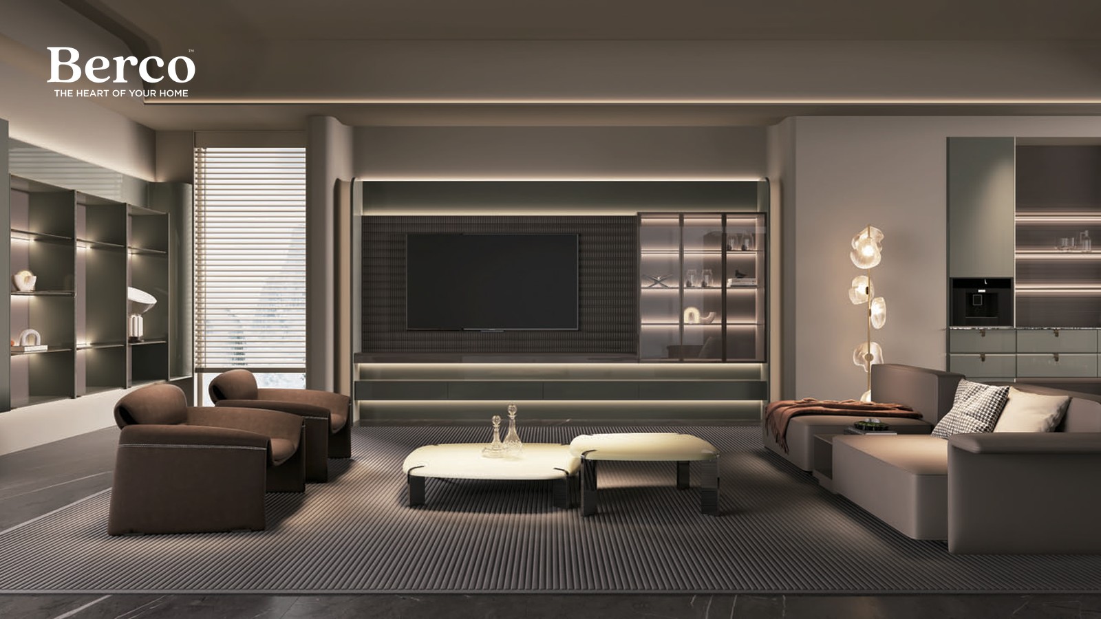 Living room with a media wall and integrated display storage — Berco design reference
