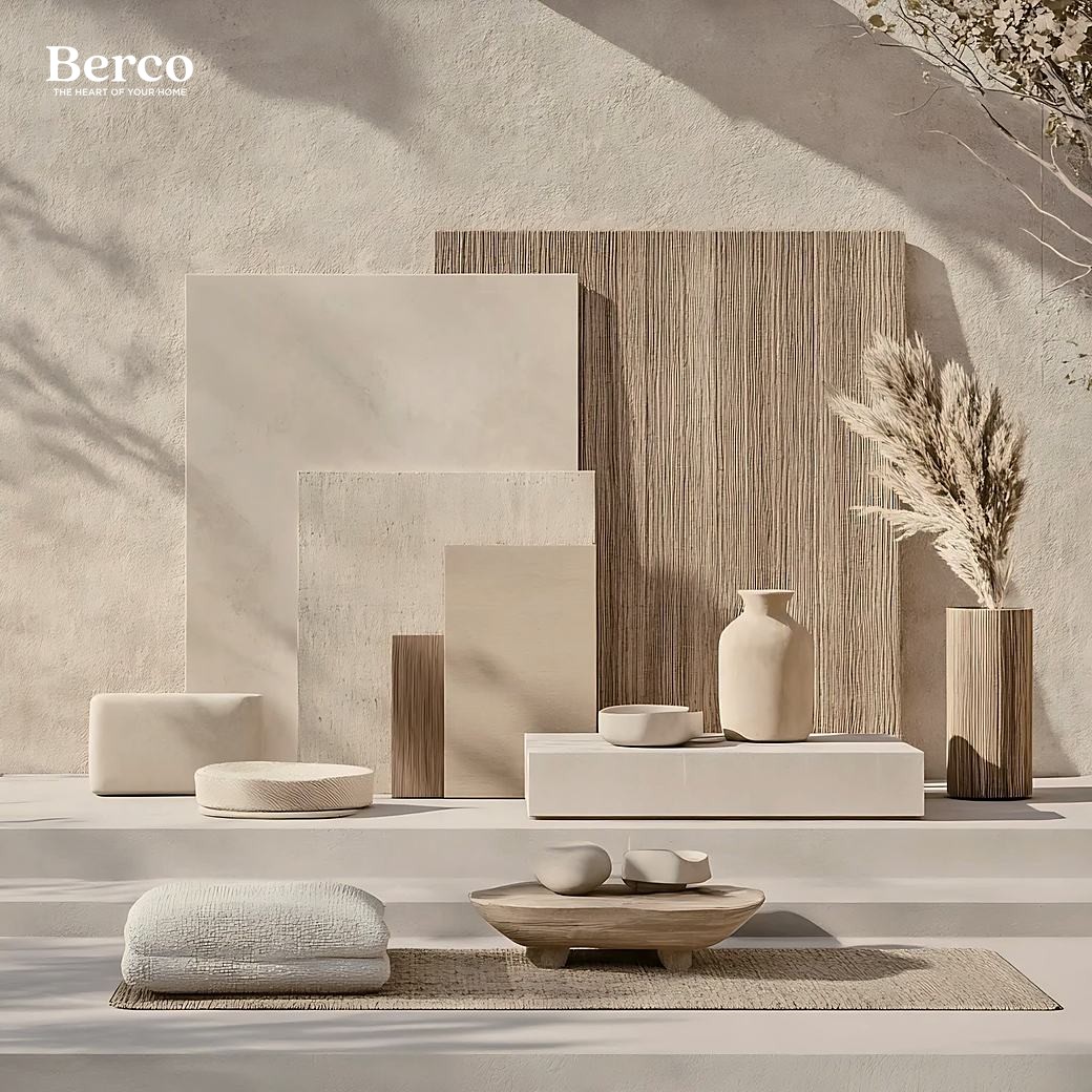 Berco material and finish samples — oak, lacquer, quartz and hardware, design reference