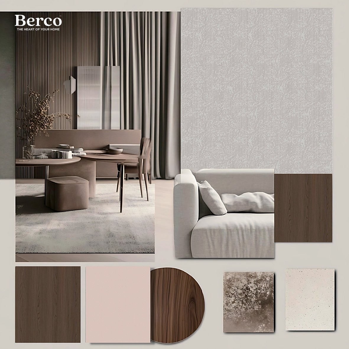 Material moodboard with interior finishes — Berco design reference