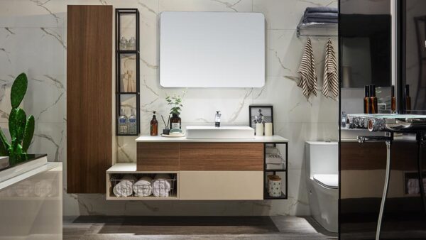 Bathroom Vanity Cabinets Beige and Wood Grain