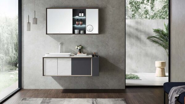 Wall Mounted Gray and White Bathroom Cabinets