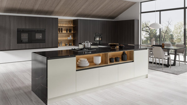 Kitchen Cabinets with Waterfall Edge Island Countertop