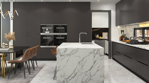Dark Grey Kitchen Cabinets with White Countertops