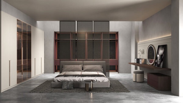 Fitted Light Grey and Red Walk in Wardrobe