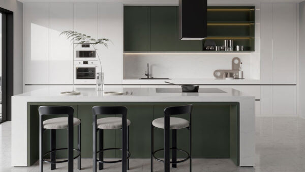 Green and White Flat Front Kitchen Cabinets