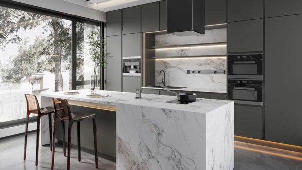 Charcoal Grey Kitchen Cabinets with White Island