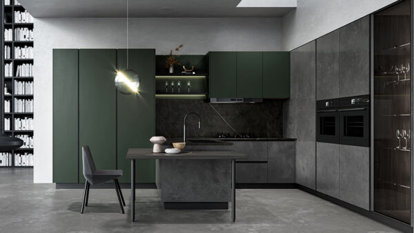 Modern F-shaped Kitchen Cabinets in Grey and Green