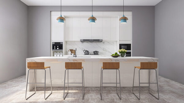 Modern Waterfall Island Kitchen with Quartz Countertop