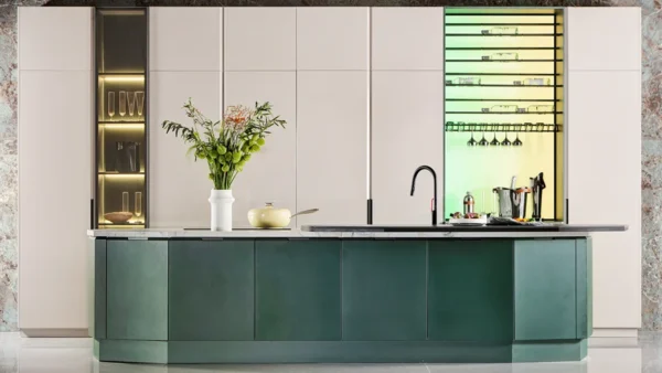 Stindee Series Contemporary White Kitchen Design with Green Island