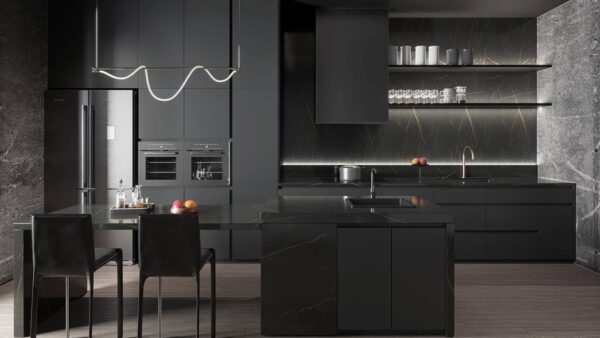 Dark Grey Cabinets with Black Worktop