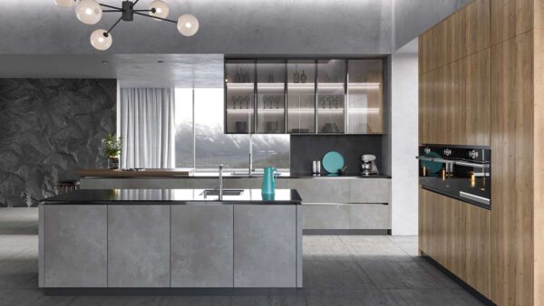 Industrial Kitchen Design with Grey Stone Effect Doors