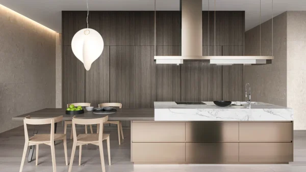 Grey Stained Kitchen Cabinets with Copper Island