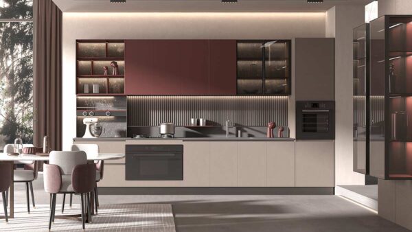 Modern Greige and Dark Red Kitchen Cabinets