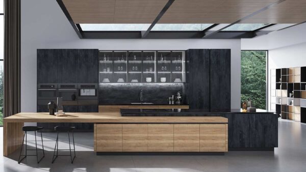 Single Wall Kitchen Design with Long Wood Island