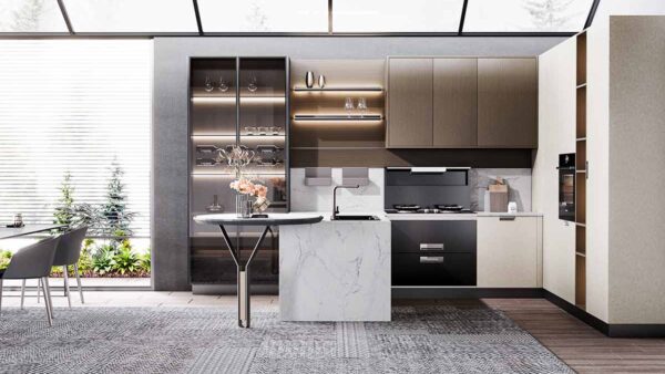 Beige Kitchen in L Shape with a Peninsula