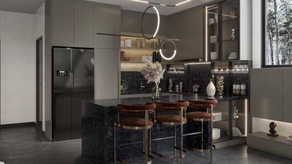 Dovetail Gray Cabinets Peninsula Kitchen