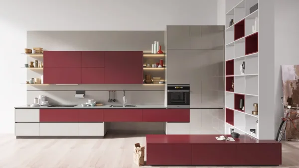 Grey and Red Kitchen Design with Partition Cabinets