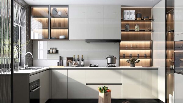 High Gloss White and Wood Frameless Kitchen Cabinets