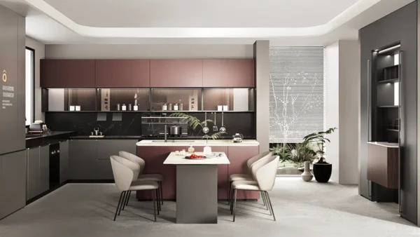 Minimalist Elegance Red and Grey Open Concept Kitchen with Island
