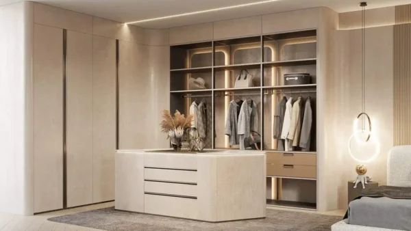 Beige Walk-in Closet in Textured UV Lacquer