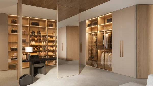 Big Walk in Closet with Beige and Light Wood Cabinets