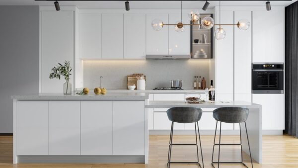 Minimalist Shiny White Kitchen Cabinets with Island
