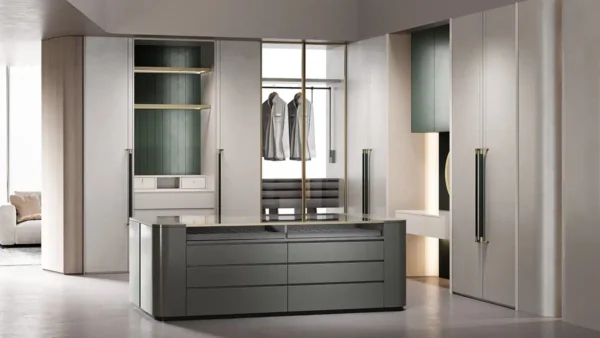 Off White and Green Walk in Wardrobe