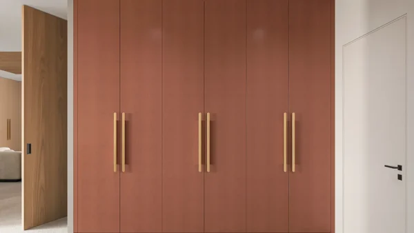 Red Wardrobe with Modern Long Brass Handles