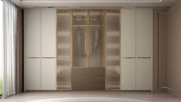 White and Taupe Wardrobe with Reeded Glass Doors