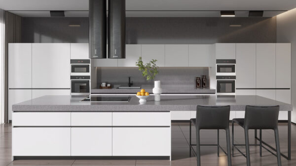 White Cabinets Grey Countertops Large Kitchen