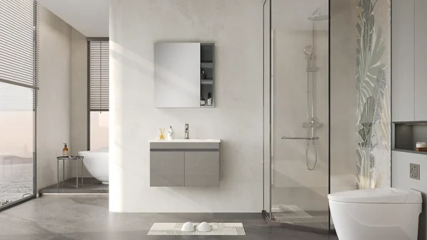 Modern Minimalist Gray Wall-Mounted Bathroom Vanity with Storage